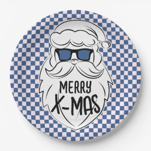 Retro Blue Pink Checkered Santa Claus Christmas Paper Plates
