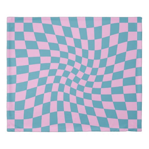 Retro Blue Pink Checks Warped Checkered Dorm Room Duvet Cover
