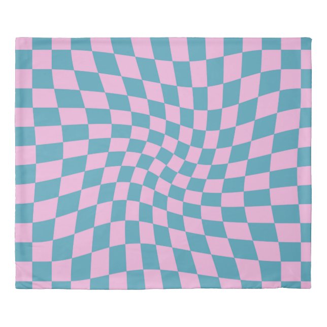 Retro Blue Pink Checks Warped Checkered Dorm Room Duvet Cover (Front)
