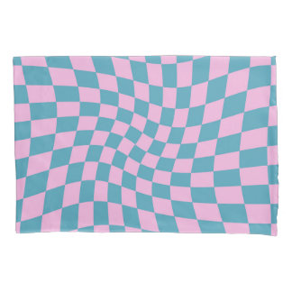 Retro Blue Pink Checks Warped Checkered Dorm Room Pillow Case