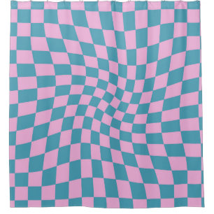 Retro Blue Pink Checks Warped Checkered Shower Curtain