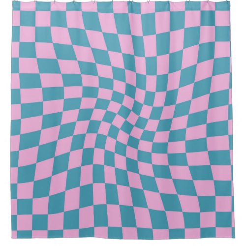 Retro Blue Pink Checks Warped Checkered Shower Curtain