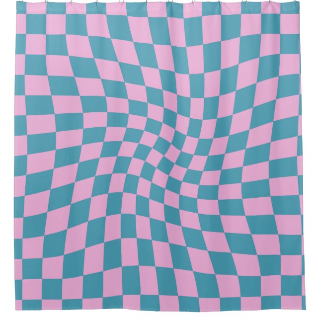 Retro Blue Pink Checks Warped Checkered Shower Curtain (Front)
