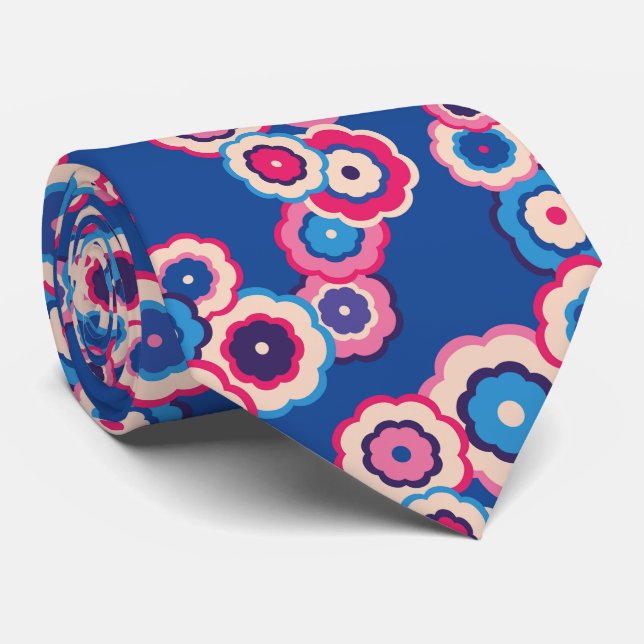 Retro Blue Pink Floral 60s pattern Neck Tie (Rolled)