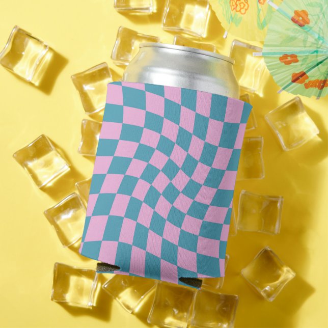 Retro Blue Pink Pastel Warped Checkerboard  Can Cooler (In Situ Summer)