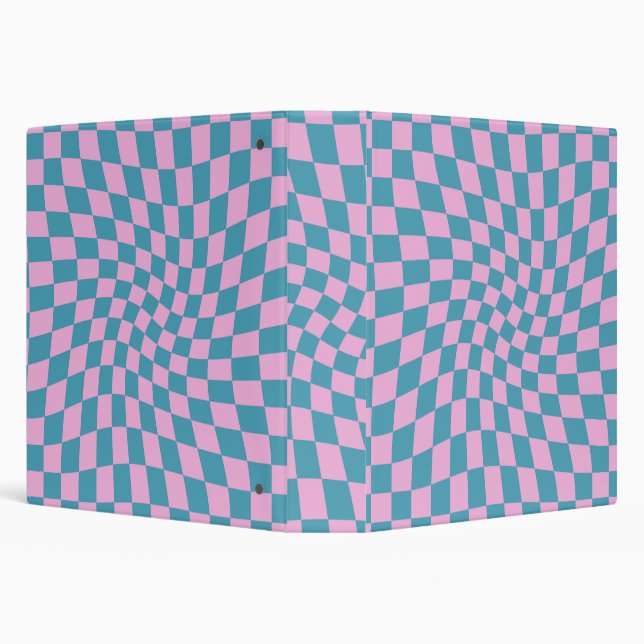 Retro Blue Pink Pastel Warped Checkerboard Checks 3 Ring Binder (Background)
