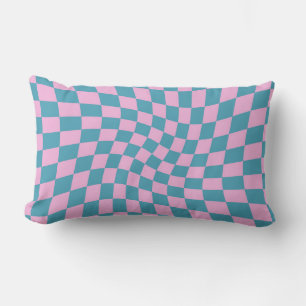 Retro Blue Pink Pastel Warped Checkerboard Lumbar Pillow