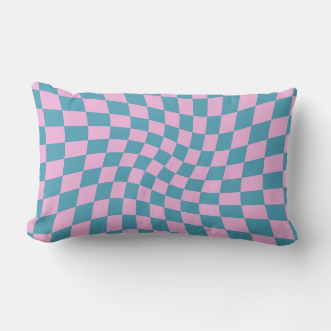 Retro Blue Pink Pastel Warped Checkerboard  Lumbar Pillow (Front)