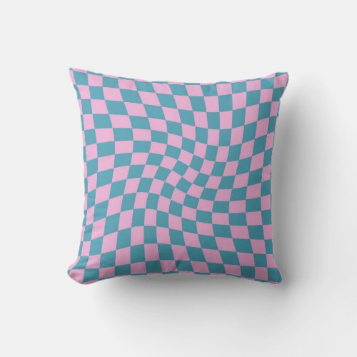 Retro Blue Pink Pastel Warped Checkerboard  Throw Pillow