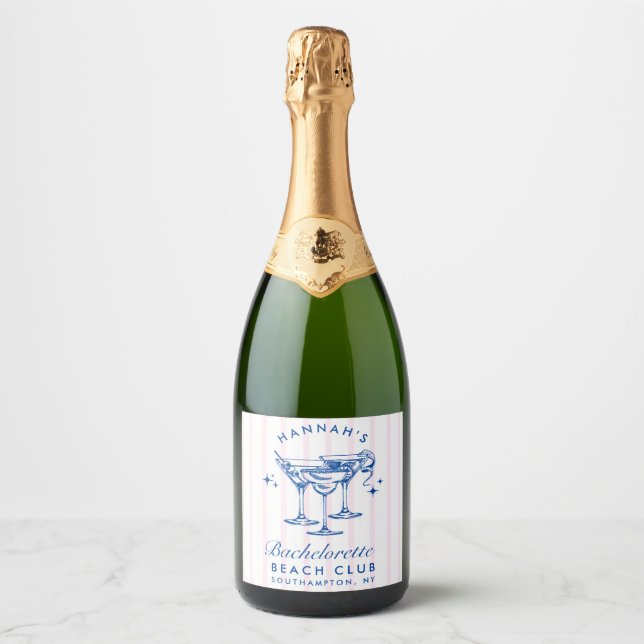 Retro Blue & Pink Stripe Bachelorette Sparkling Wine Label (Front)