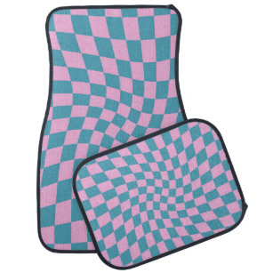Retro Blue Pink Warped Checkerboard Checkered Car Floor Mat