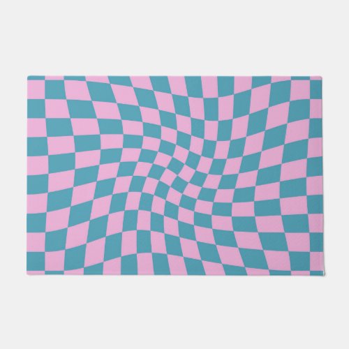 Retro Blue Pink Warped Checkerboard Checkered Doormat