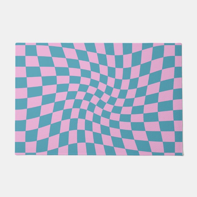 Retro Blue Pink Warped Checkerboard Checkered Doormat (Front)
