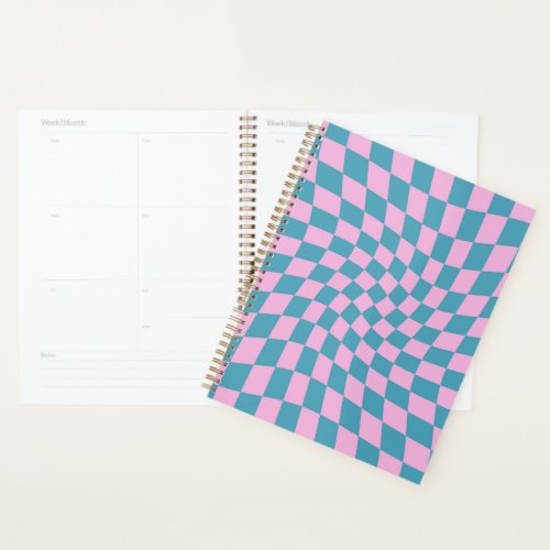 Retro Blue Pink Warped Checkerboard Checkered Planner