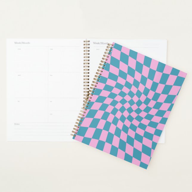 Retro Blue Pink Warped Checkerboard Checkered Planner (Display)