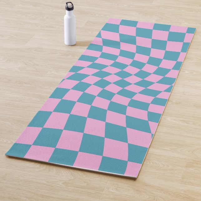 Retro Blue Pink Warped Checkerboard Checkered Yoga Mat (In Situ)