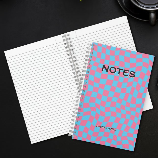 Retro Blue Pink Wavy Check Monogram Name Notebook (Creator Uploaded)