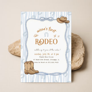 Retro Blue Plaid Cowboy First Rodeo 1st Birthday Invitation