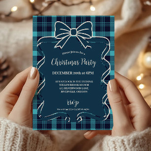 Retro Blue Plaid Whimsical Christmas Invitation