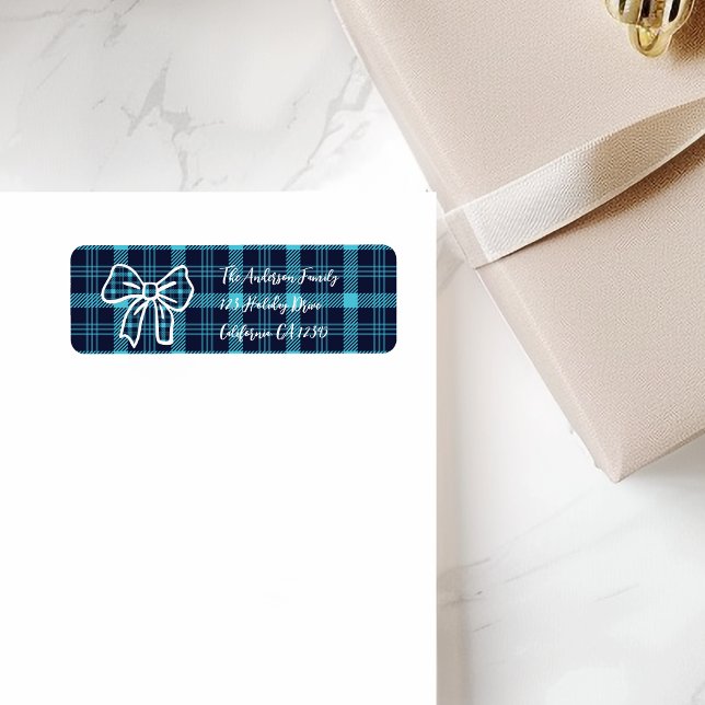 Retro Blue Plaid Whimsical Christmas  Label (Creator Uploaded)