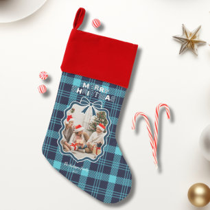 Retro Blue Plaid Whimsical Christmas Stocking