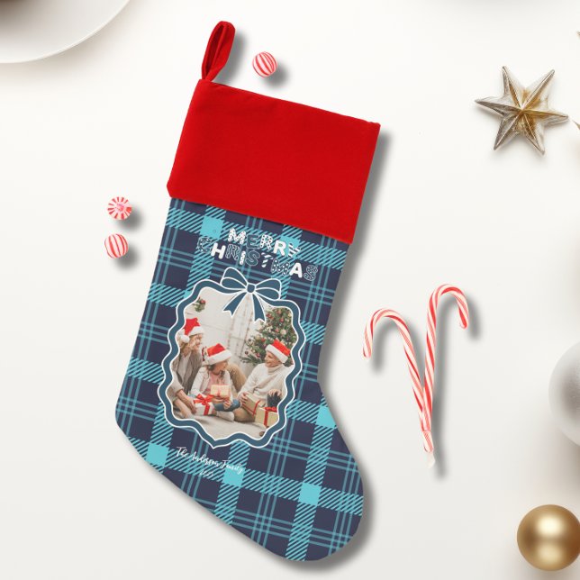 Retro Blue Plaid Whimsical Christmas  Stocking (Creator Uploaded)