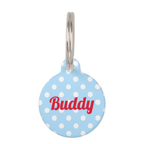 Retro Blue Polka Dots Dog Pup Cat Kitty Name Cute Pet ID Tag