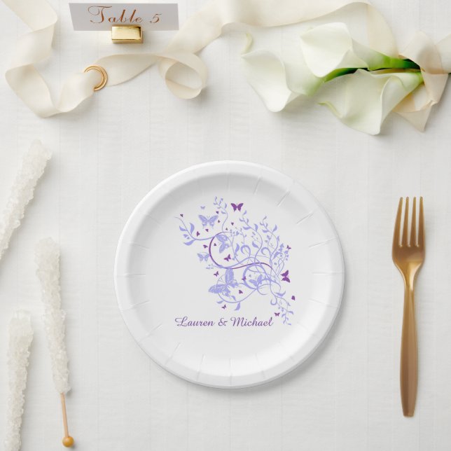 Retro Blue Purple Butterfly Swirl Wedding Paper Plates (Wedding)