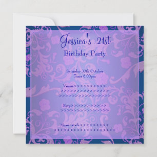 Retro Blue Purple Metallic Floral 21st Birthday 1 Invitation