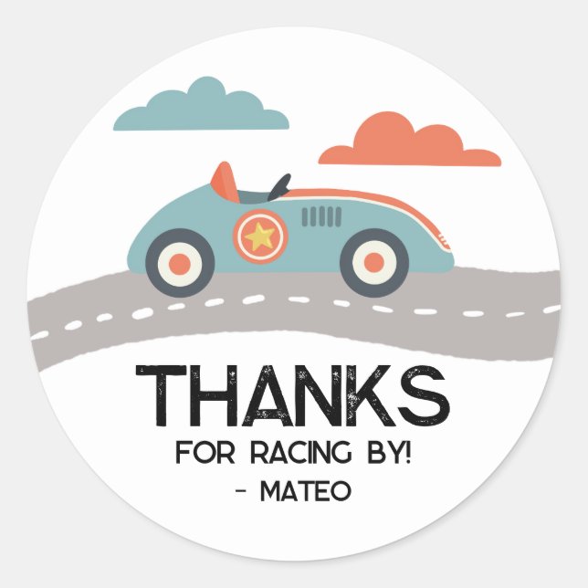 Retro Blue Race Car Birthday Party Favor  Classic Round Sticker (Front)
