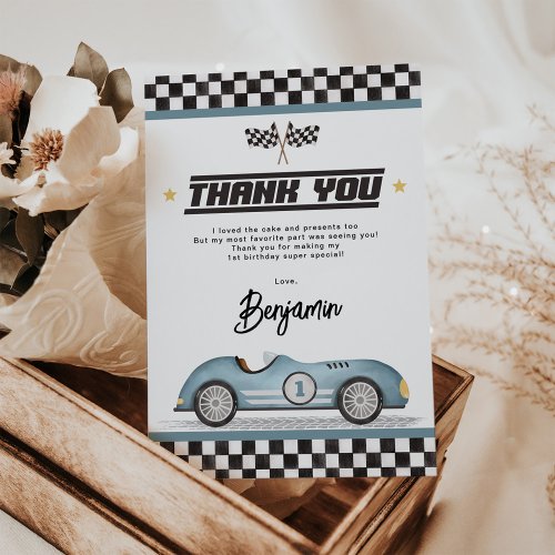 Retro Blue Race Car Boy Birthday Party Thank You Card