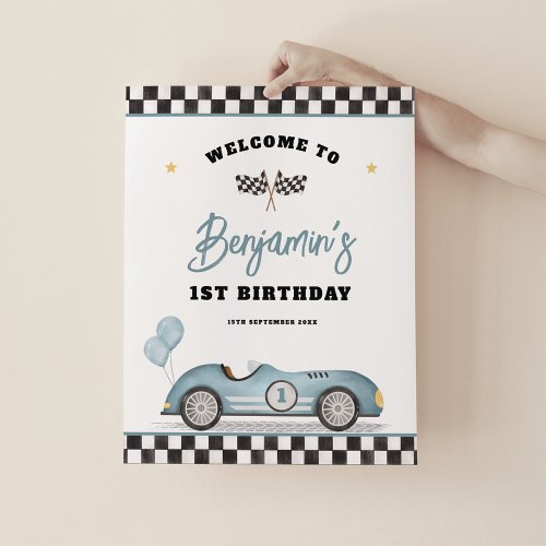 Retro Blue Race Car Fast One Birthday Welcome Poster