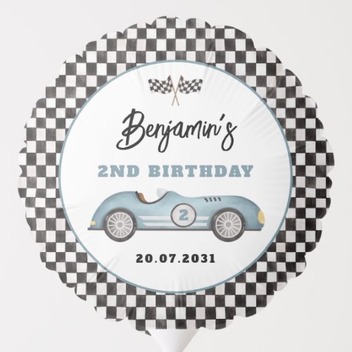 Retro Blue Race Car Two Fast Boy 2nd Birthday Balloon