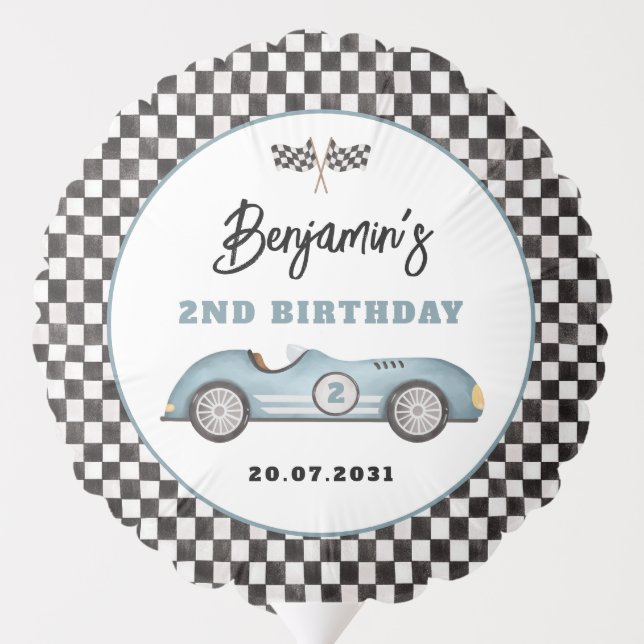 Retro Blue Race Car Two Fast Boy 2nd Birthday Balloon (Back)