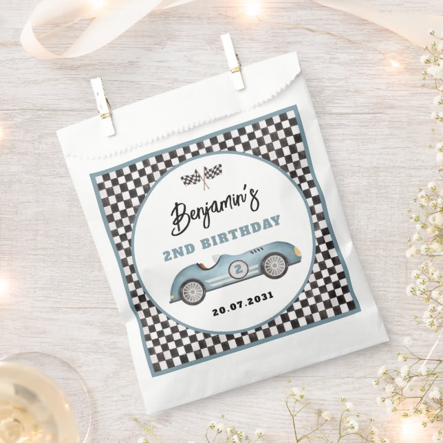 Retro Blue Race Car Two Fast Boy 2nd Birthday Favor Bag (Clipped)