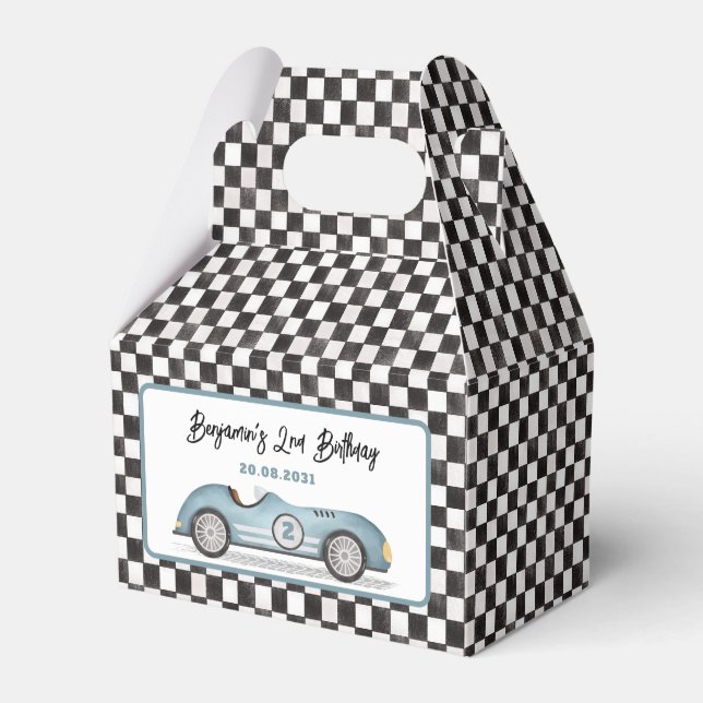 Retro Blue Race Car Two Fast Boy 2nd Birthday Favor Boxes (Front Side)