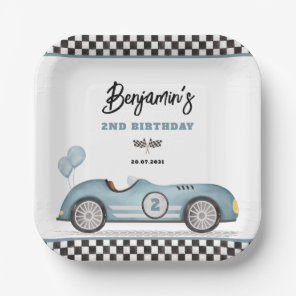 Retro Blue Race Car Two Fast Boy 2nd Birthday Paper Plates