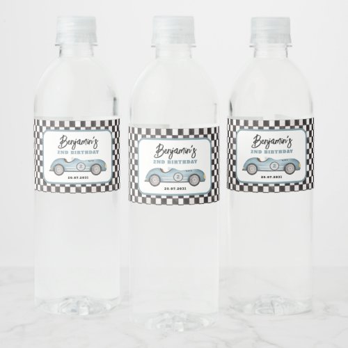 Retro Blue Race Car Two Fast Boy 2nd Birthday Water Bottle Label