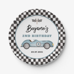 Retro Blue Race Car Two Fast Boy Birthday Paper Plates