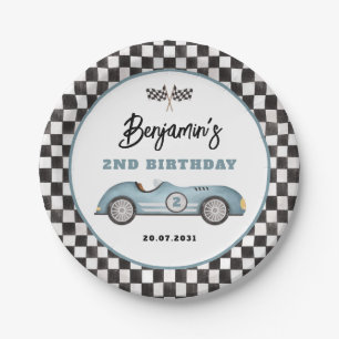 Retro Blue Race Car Two Fast Boy Birthday Paper Plates