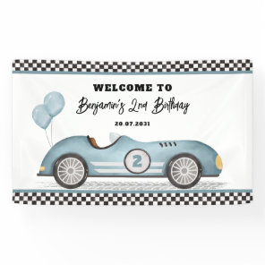 Retro Blue Race Car Two Fast Boy Birthday Welcome Banner