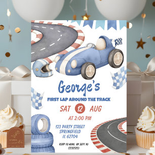 Retro Blue Racing Birthday First Lap Invitation