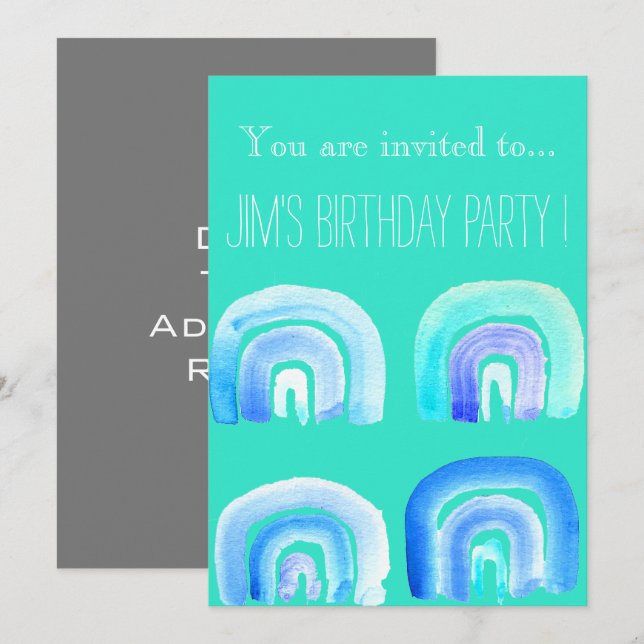 Retro blue rainbow birthday party invitation (Front/Back)