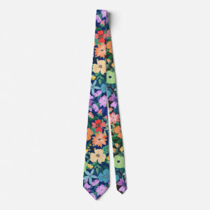 Retro Blue Rainbow Flowers Pattern Neck Tie