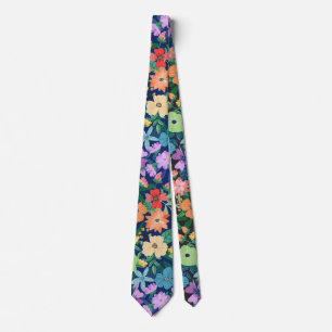 Retro Blue Rainbow Flowers Pattern Neck Tie