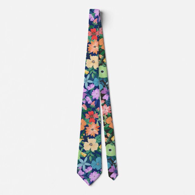 Retro Blue Rainbow Flowers Pattern Neck Tie (Front)