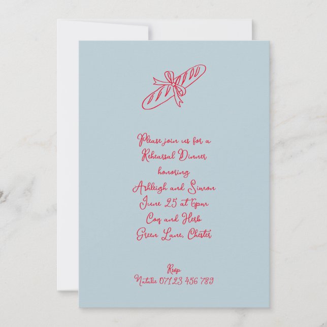 Retro Blue & Red Baguette Rehearsal Dinner Invitation (Front)