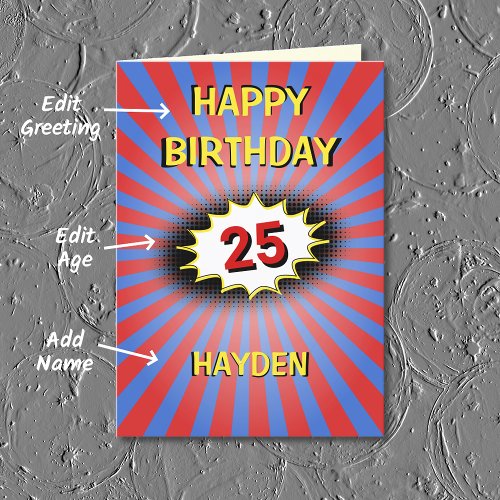 Retro blue red custom name and age birthday card