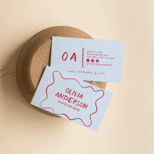 Retro Blue Red Hand Written Boho Unique Border Business Card