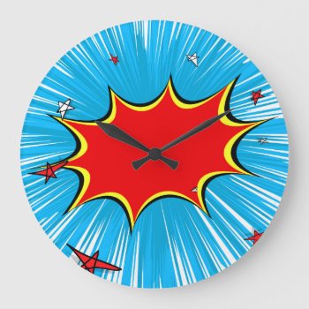 Retro Blue & Red Stars Comic Explosion Large Clock by GroovyFinds at Zazzle